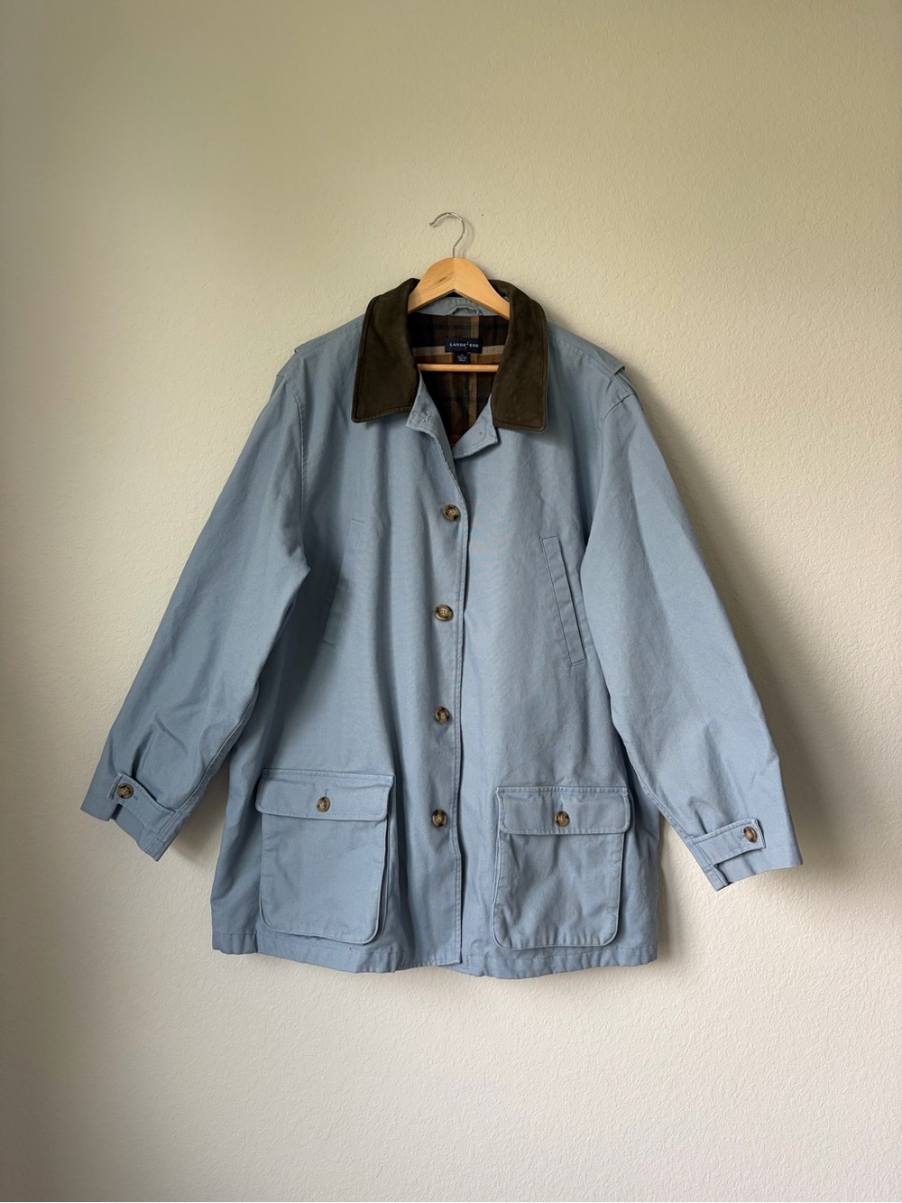 Lands’ End Blue Canvas Barn Chore Jacket 3XL Plaid Lined Leather Collar Pockets